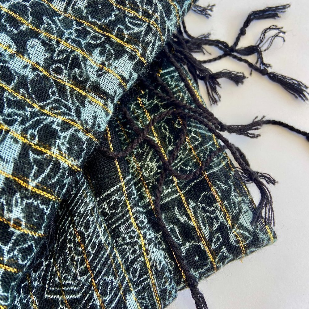 Black and Silver with Gold Metallic Pinstripe Scarf with Fringe
